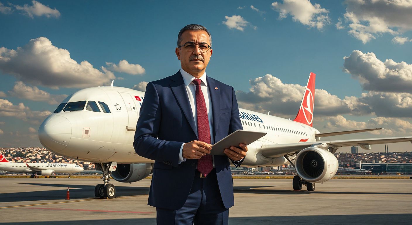 A distinguished middle-aged Turkish man in a sharp navy suit stands confidently in front of a sleek Turkish Airlines airplane, holding a tablet, with Istanbul's skyline visible in the background.