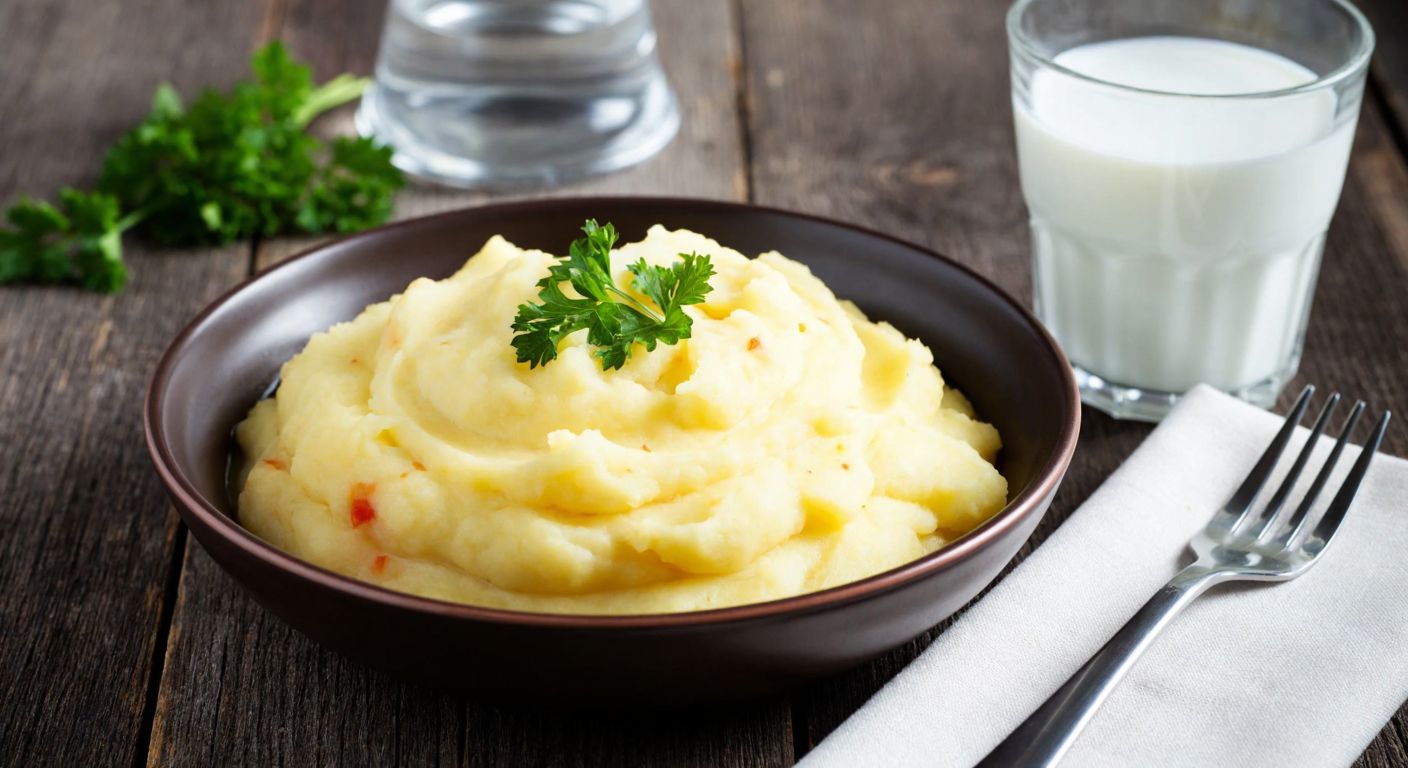 A steaming bowl of creamy mashed potatoes garnished with fresh parsley, placed on a rustic wooden table beside a fork and a glass of ayran, evoking warmth and comfort.