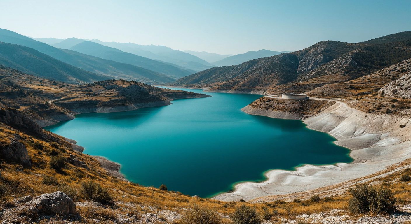 A serene Turkish landscape featuring a deep blue tectonic lake surrounded by rugged mountains, a turquoise volcanic crater lake with mineral-rich waters, and a calm artificial reservoir with a small dam in the distance, all under a clear sky.