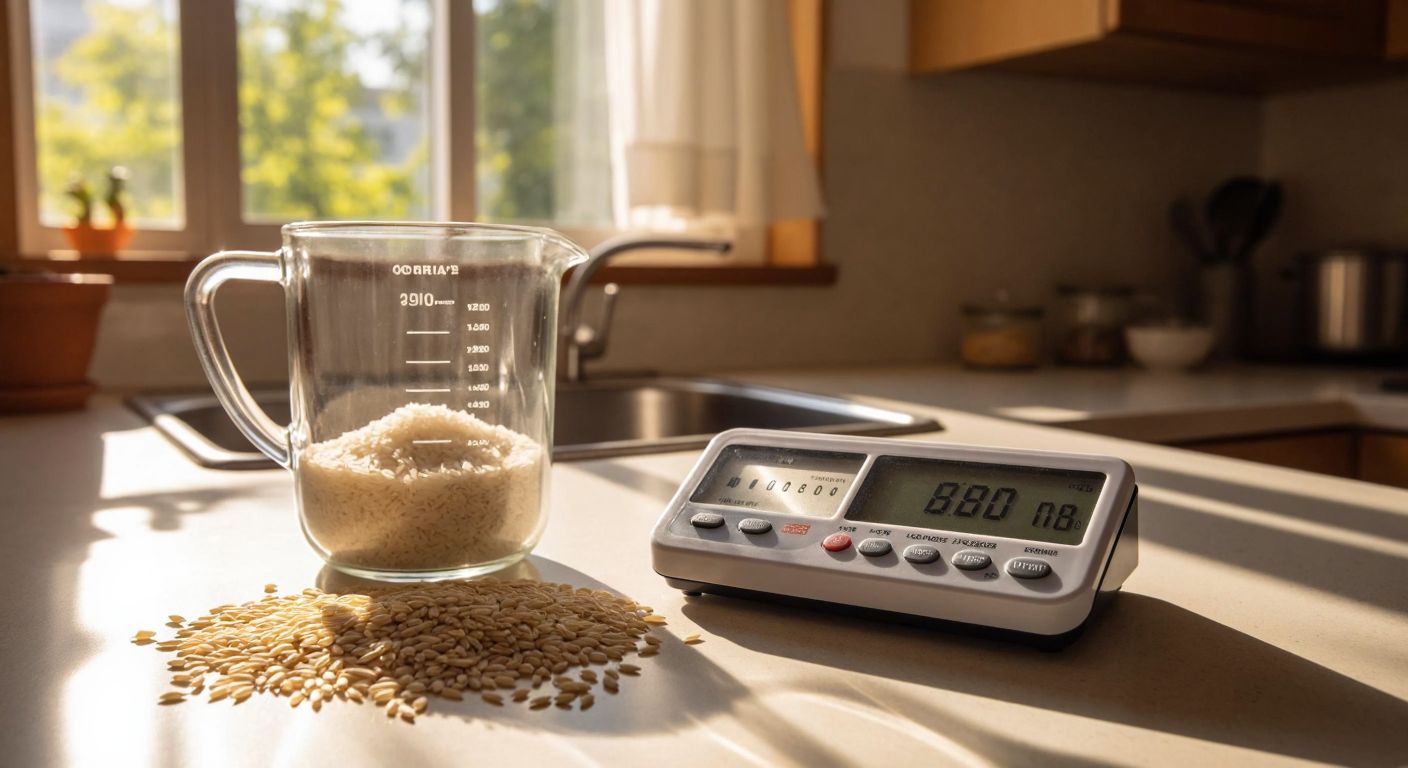A Turkish kitchen counter with a glass measuring cup filled with white rice next to a small digital scale showing 180 grams, surrounded by scattered grains and warm sunlight streaming through a window.
