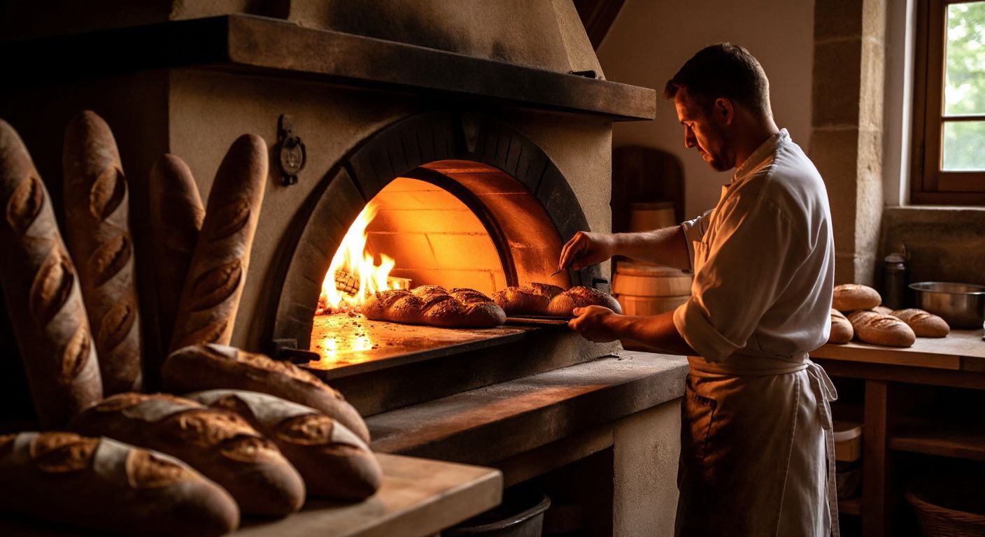 A rustic French stone oven glowing with intense heat, surrounded by freshly baked baguettes and artisan breads, with a baker in a traditional apron checking the temperature.