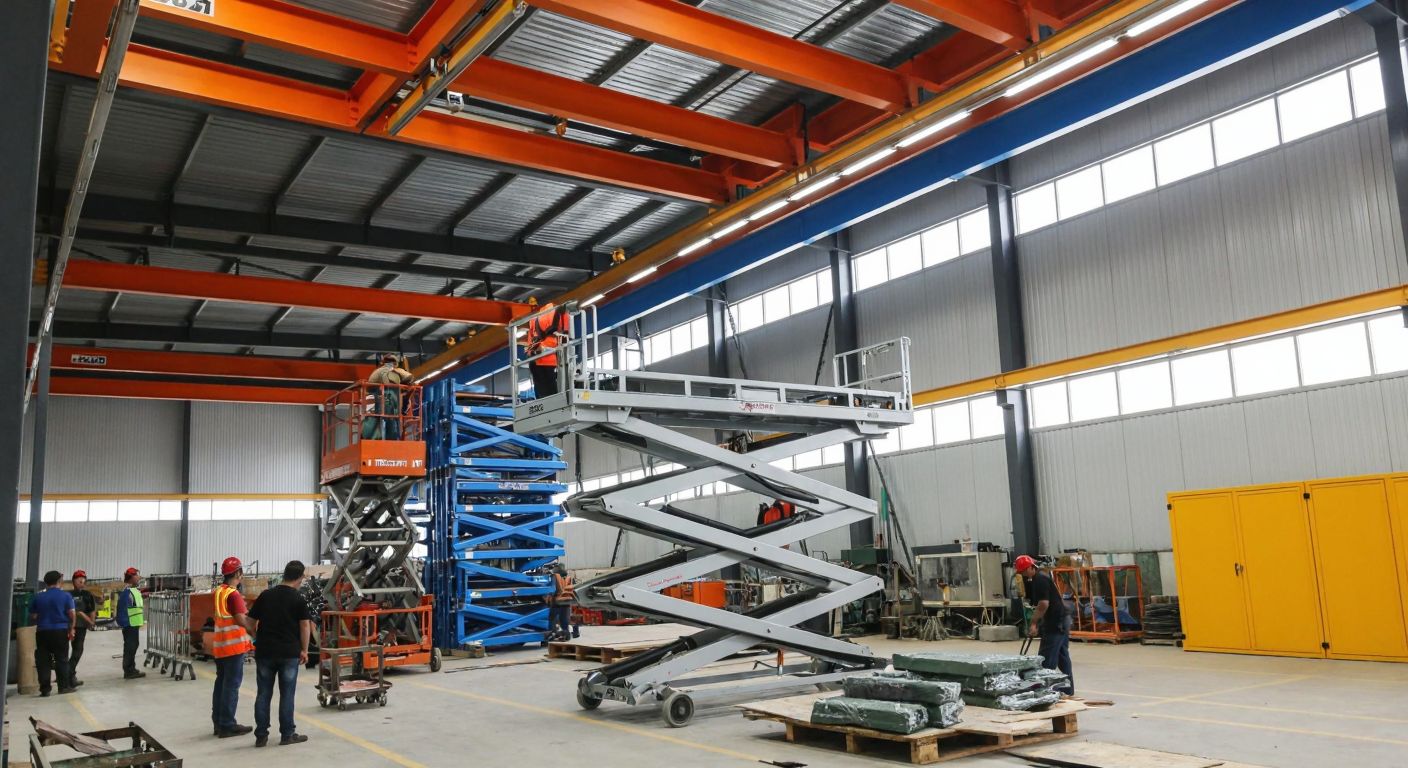 A bustling industrial scene in Manisa with workers assembling large scissor lifts, while in Istanbul, a modern construction site rises amid cranes and scaffolding, and in Afyonkarahisar, a factory produces sleek aluminum window frames under bright fluorescent lights.