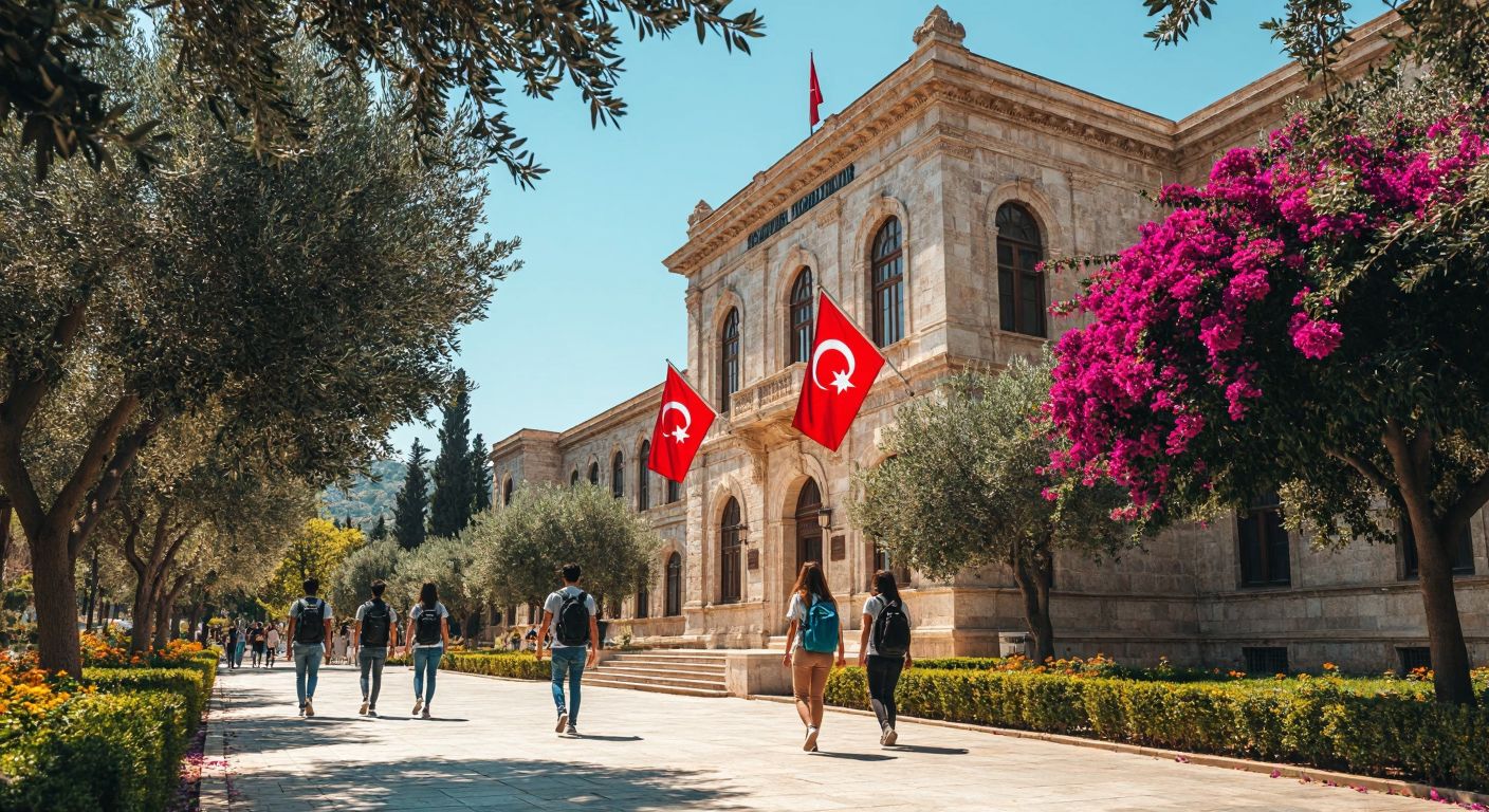 A sunlit, historic university campus in İzmir with students walking past a grand stone building adorned with Turkish flags, surrounded by olive trees and blooming bougainvillea.