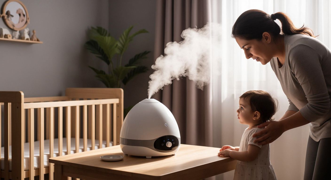 A modern Turkish home nursery with a sleek white steam machine gently puffing mist near a wooden crib, while a concerned parent inspects a similar device with a small water leak on a nearby table.