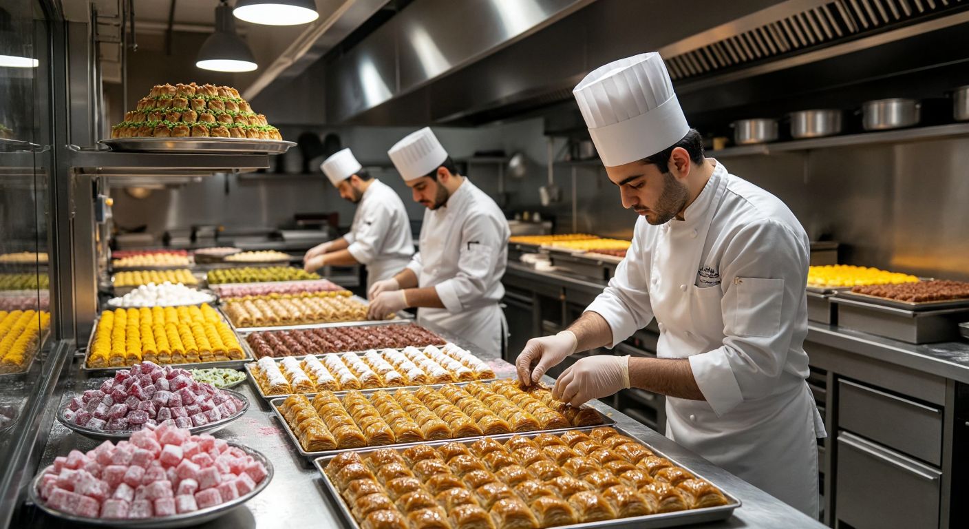A bustling Turkish pastry kitchen with a chef in a white hat meticulously decorating a baklava, an instructor demonstrating techniques to eager students, and a designer crafting an ornate wedding cake, all surrounded by trays of golden börek and colorful lokum.