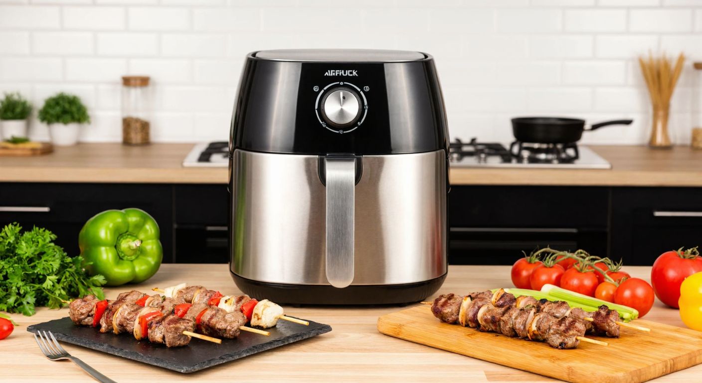 A modern stainless steel air fryer with a grill attachment sits on a Turkish kitchen counter, surrounded by fresh vegetables and skewered meat ready for cooking.