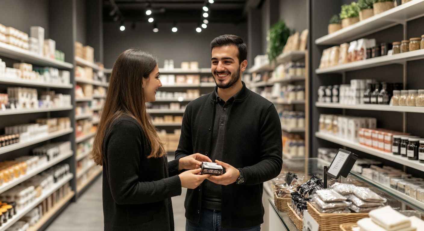 A smiling salesperson in a Turkish retail store, neatly dressed, demonstrating a product to a curious customer while shelves of goods are organized in the background.