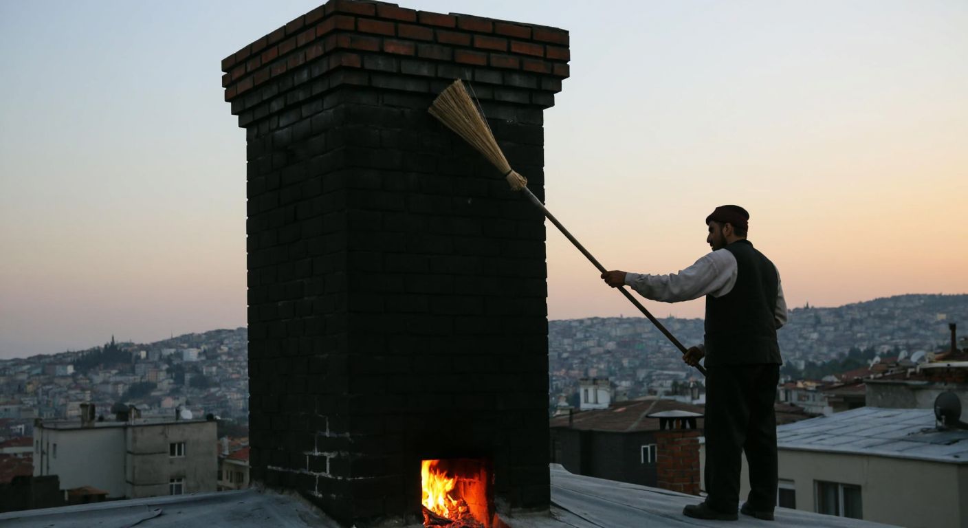 A Turkish chimney sweep in a soot-covered uniform stands on a rooftop in Istanbul, carefully cleaning a brick chimney with a long brush while a warm glow from a fireplace below hints at winter preparation.