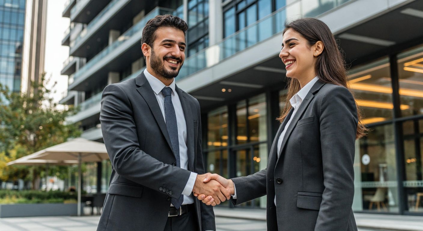 A confident Turkish businessman in a suit shakes hands with a smiling customer in front of a modern office building with the Monopoli Sigorta logo subtly visible in the background, symbolizing trust and reliability.