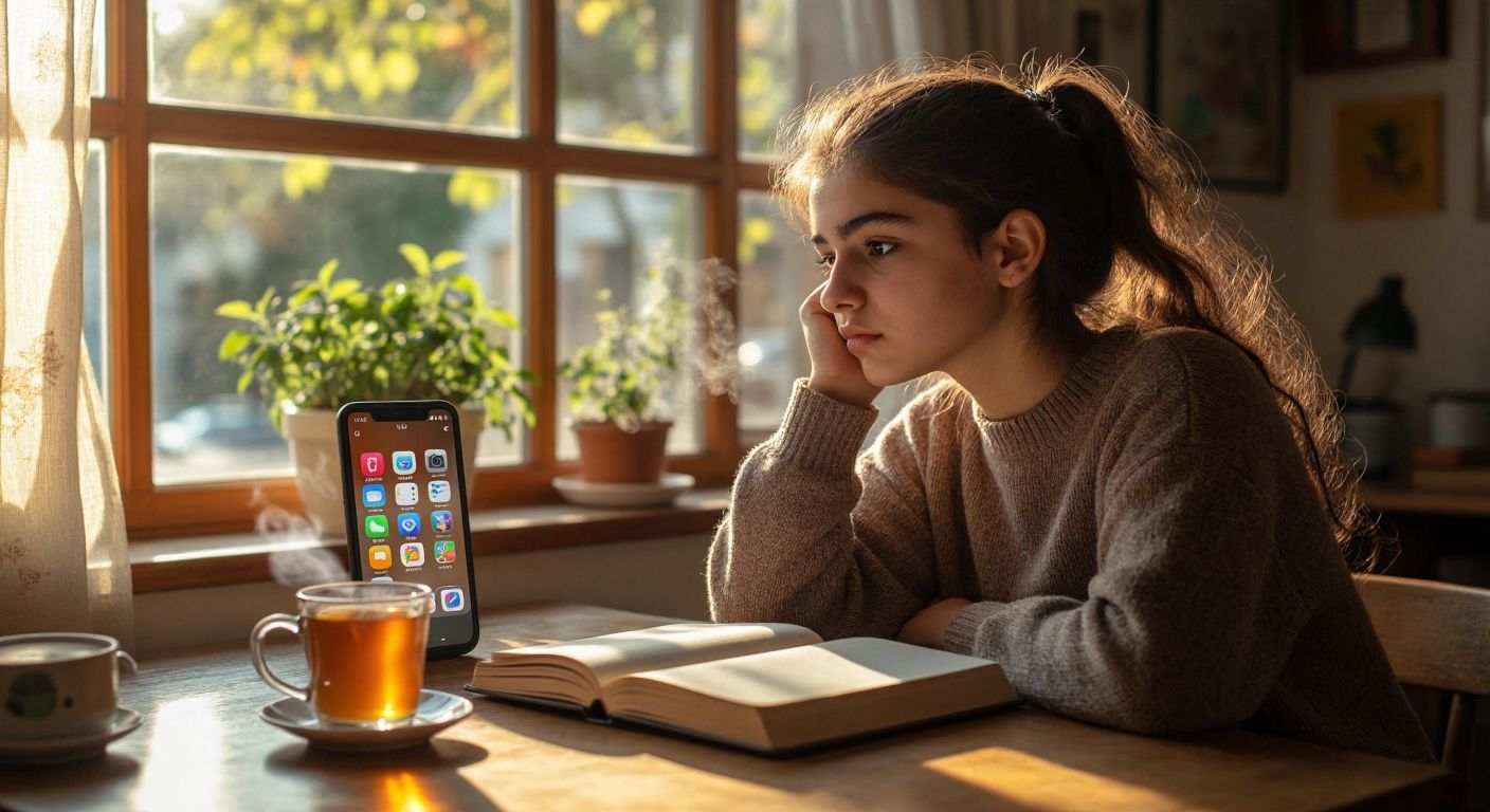 A Turkish teenager sits at a wooden desk with an open notebook, looking thoughtfully at a smartphone displaying colorful educational app icons, while sunlight streams through a window onto a steaming cup of çay.