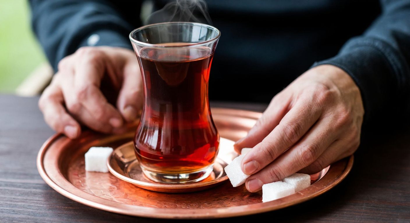 A steaming tulip-shaped glass of Turkish tea held in weathered hands, resting on a copper tray with a small plate of sugar cubes, evoking warmth and tradition.