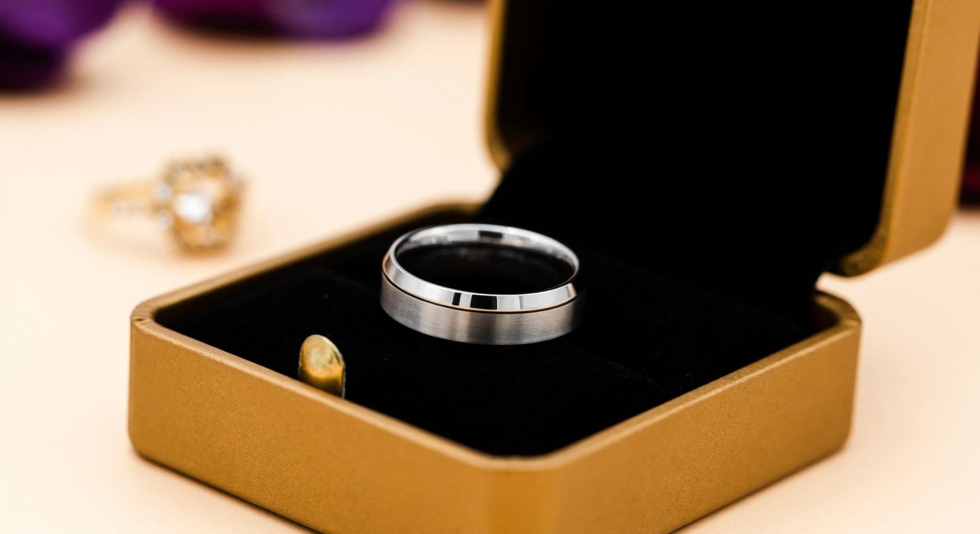 A polished stainless steel wedding ring rests on a velvet jewelry box in a softly lit Turkish jewelry shop, reflecting durability and elegance.