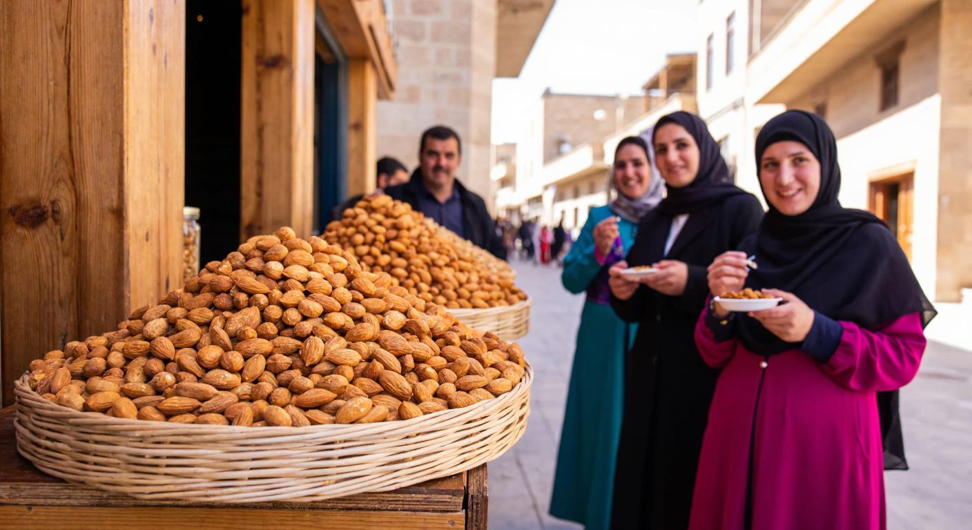 A vibrant street in Mardin with a wooden stall displaying golden-brown sugar-coated almonds in a woven basket, surrounded by locals in traditional attire smiling as they sample the treat.