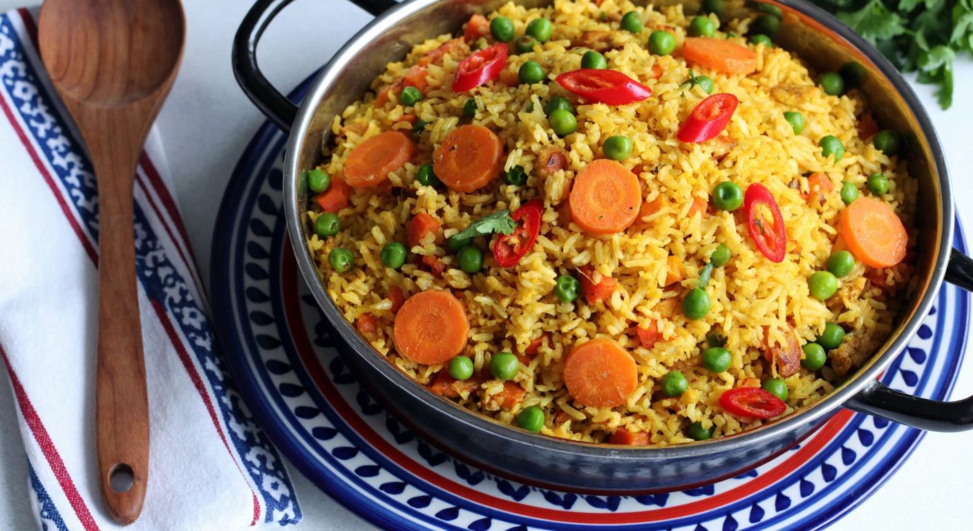 A steaming pot of golden rice pilaf with colorful garnishes like carrots, peas, and peppers, resting on a Turkish ceramic plate beside a wooden spoon.