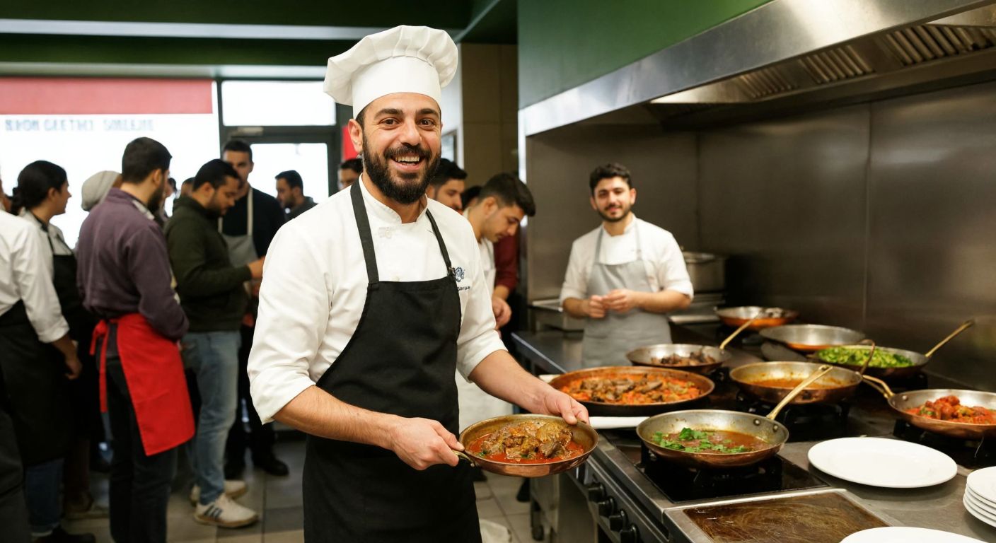 A smiling middle-aged man with a chef’s hat stands in a bustling Turkish kitchen, holding a sizzling copper pan of aromatic Ottoman-style lamb stew while gesturing warmly to a group of attentive students in aprons.