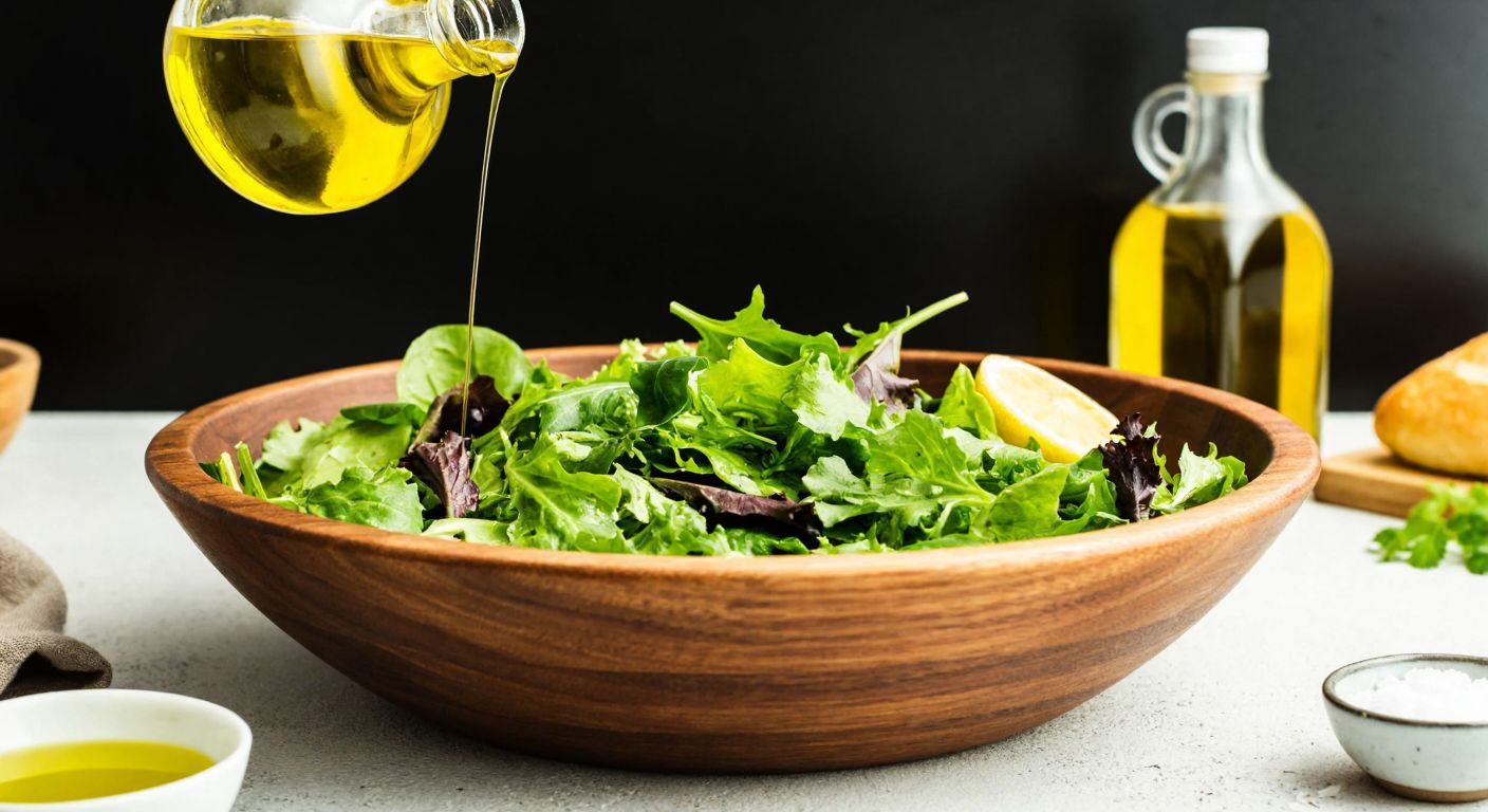 A wooden salad bowl filled with fresh greens, drizzled with golden olive oil and a splash of lemon juice, resting on a rustic Turkish kitchen counter with a bottle of olive oil nearby.