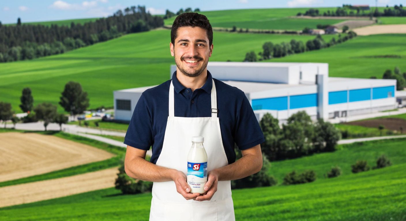 A Turkish dairy farmer in a white apron proudly holding a bottle of SEK milk against a backdrop of rolling green pastures and a modern Çallı Gıda factory.