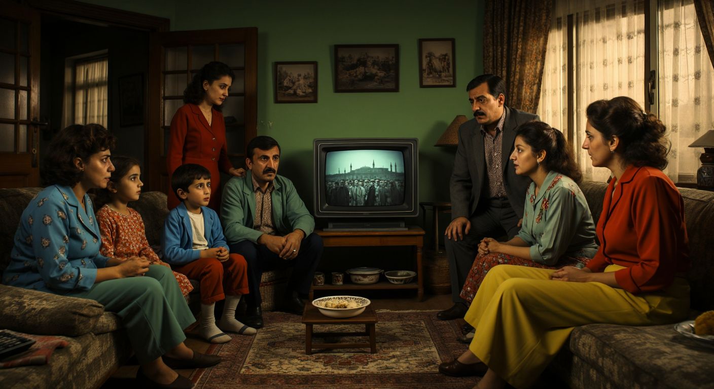 A nostalgic Turkish family in 1980s attire gathers around a small TV in a modest living room, their faces lit with curiosity and concern as they watch historical events unfold.