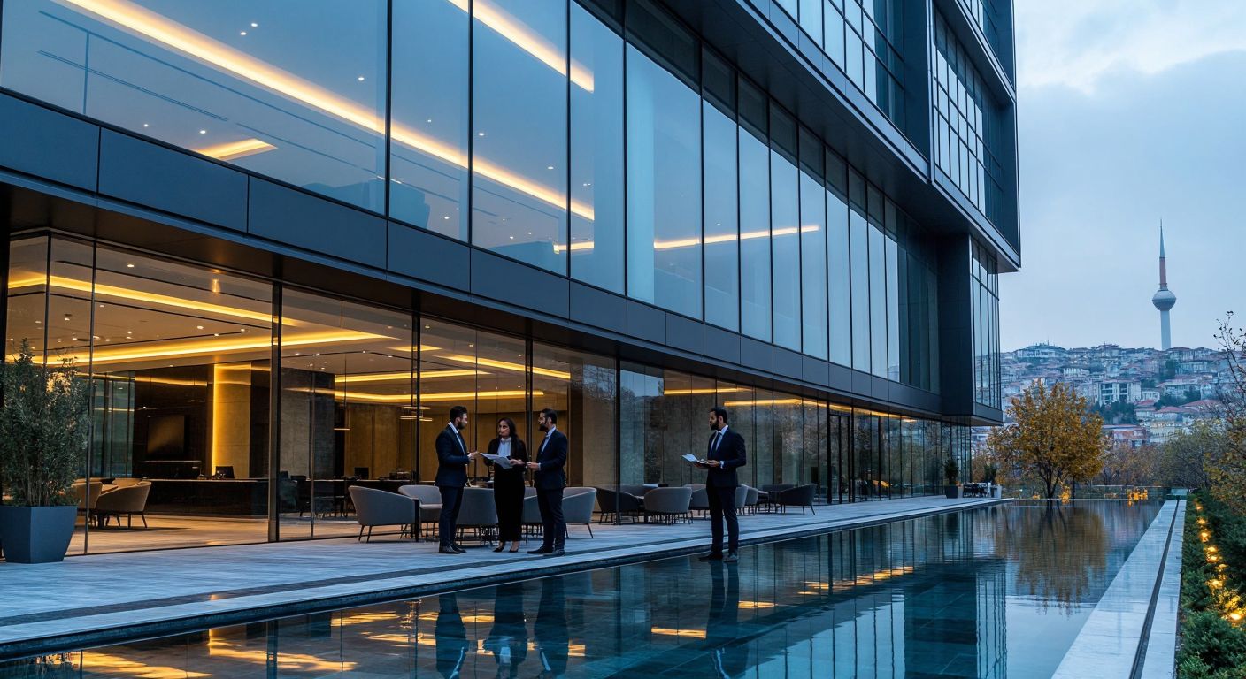 A modern office building in Istanbul with a sleek glass facade, where well-dressed professionals in business attire discuss financial portfolios over Turkish coffee and documents.