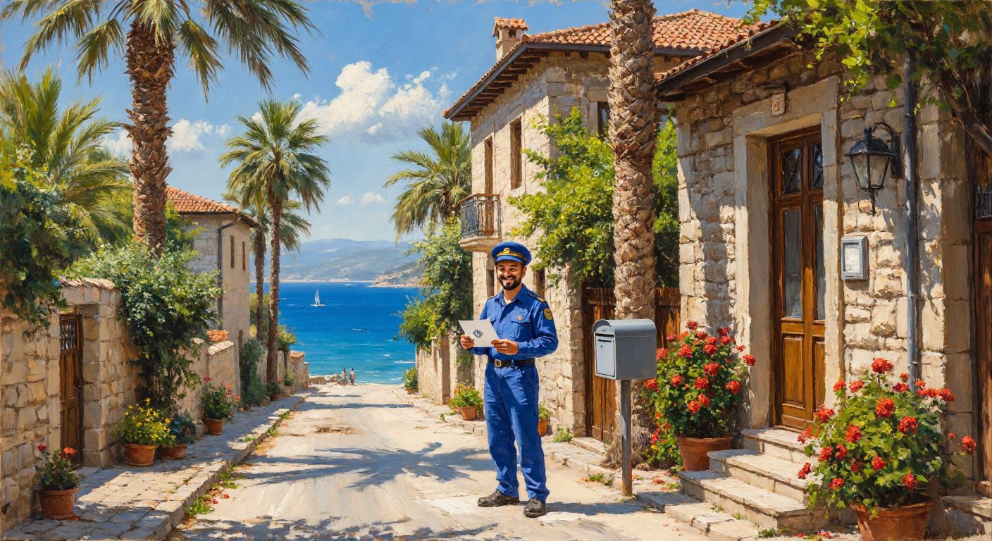 A sunny coastal street in Mersin, Turkey, with a cheerful postal worker in a blue uniform holding a letter near a mailbox, surrounded by palm trees and traditional stone houses.