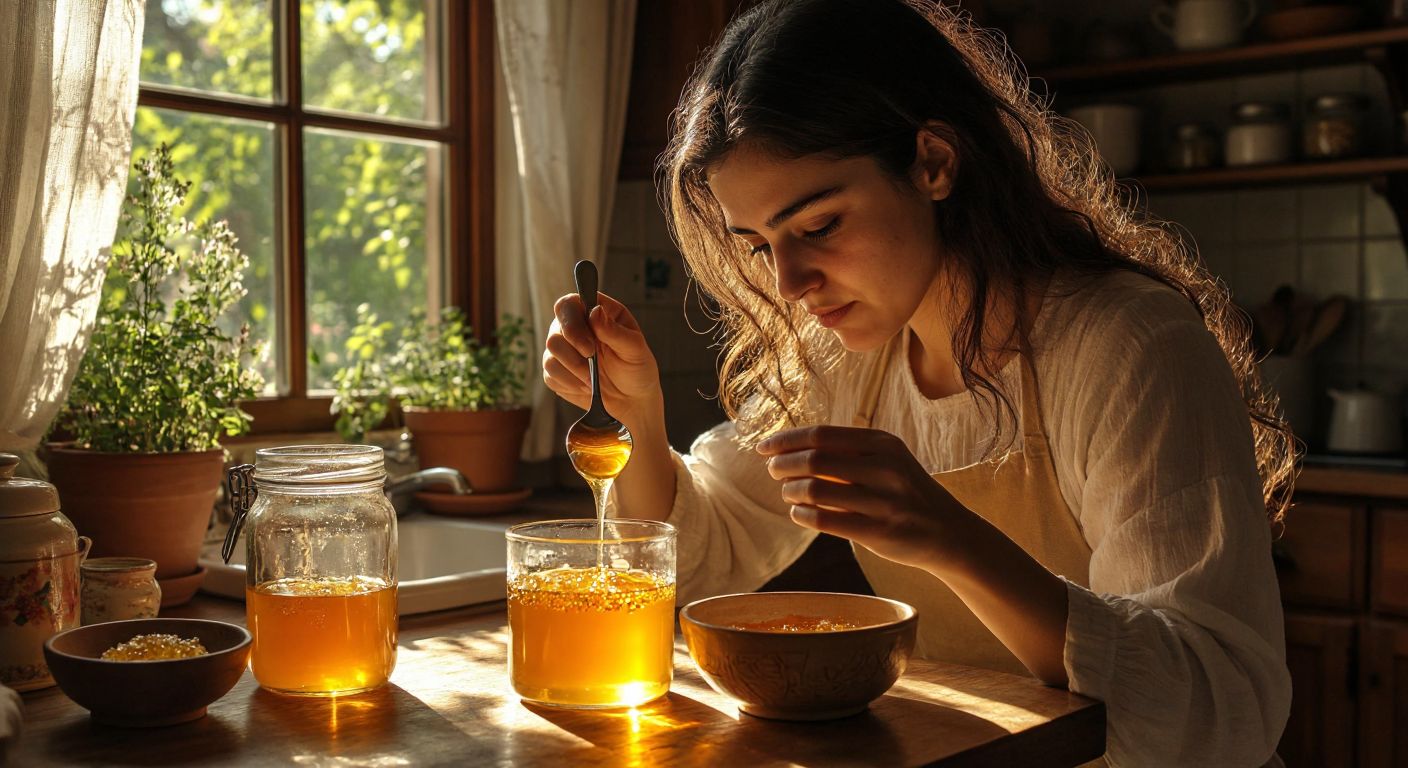 A Turkish woman in a sunlit kitchen carefully pours golden honey from a spoon into a glass of water, observing its slow descent with a curious expression, while a jar of crystallized honey and a lit candle sit nearby on a wooden table.