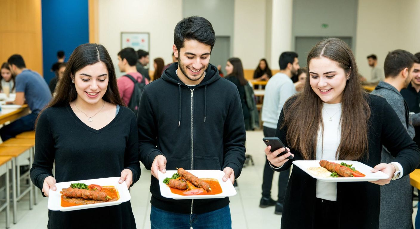 A group of smiling university students in a bustling cafeteria at Dokuz Eylül University, holding trays with traditional Turkish dishes like lentil soup and kebabs, while one checks a smartphone for the daily menu.