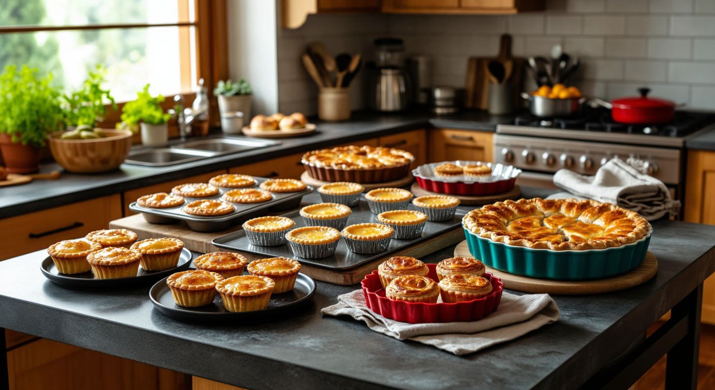 A rustic Turkish kitchen counter displays a variety of baking alternatives—a muffin tray filled with golden mini tarts, a round cake pan lined with crimped foil, a borcam dish holding a buttery crust, a non-stick teflon pan with a flaky tart, and colorful silicone molds with freshly baked pastries, all emitting a warm, inviting aroma.