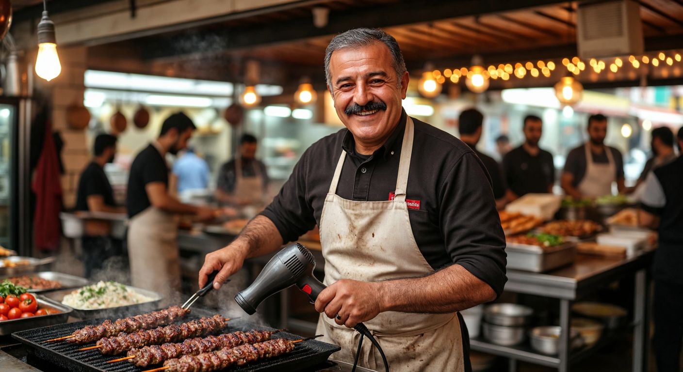 A smiling middle-aged Turkish man with a mustache, wearing an apron and holding a hairdryer over sizzling kebabs in a bustling Ankara restaurant.