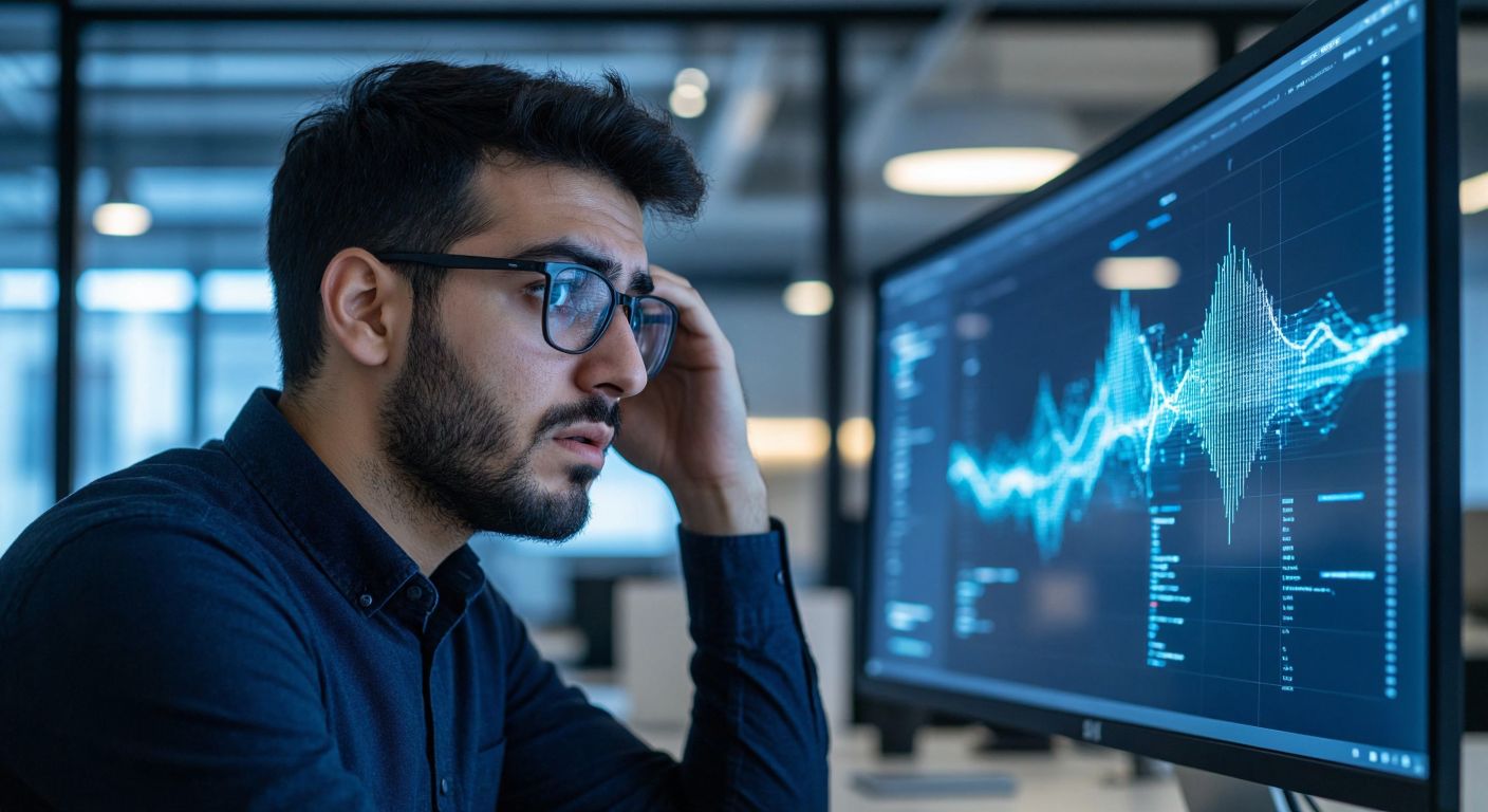 A puzzled Turkish man in a modern office setting scratches his head while looking at a glowing computer screen displaying abstract data flows, with a sleek SAP software interface subtly reflected in his glasses.