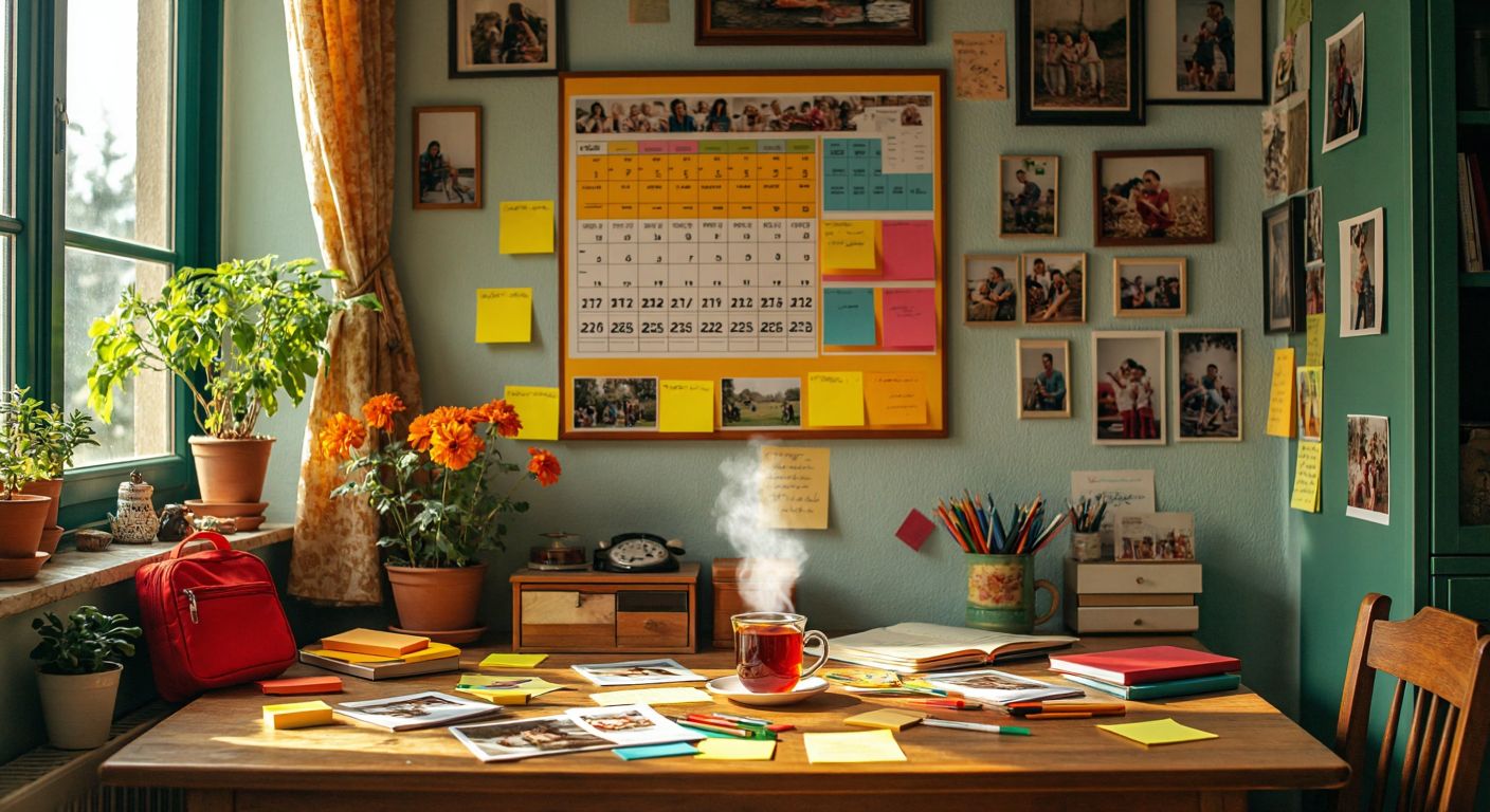 A colorful wall calendar in a cozy Turkish home, surrounded by family photos, a steaming cup of çay, and scattered school supplies, with sticky notes marking events like soccer games and doctor visits.