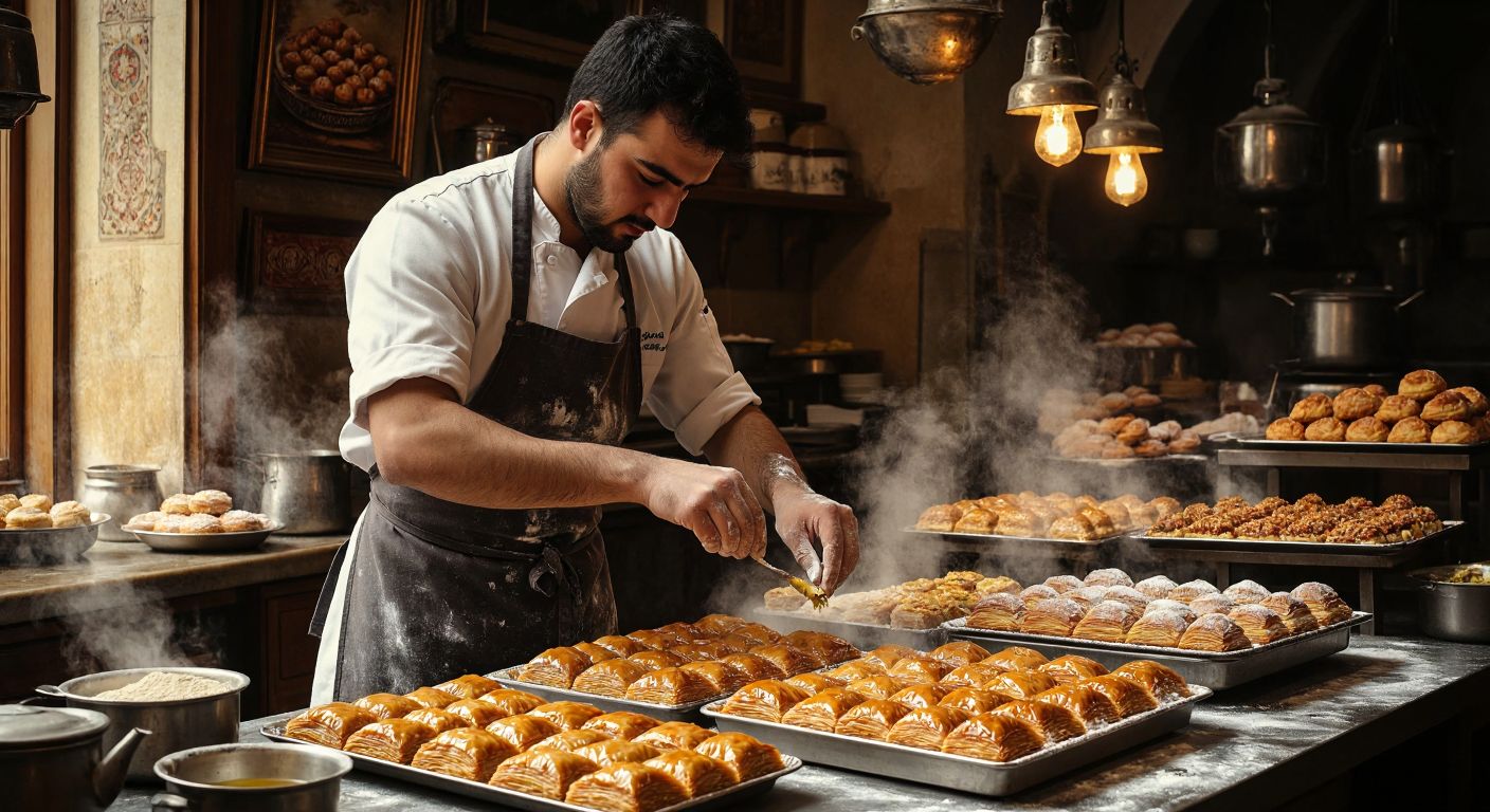 A tired but determined pastry chef in a flour-dusted apron meticulously decorating a golden baklava in a warm, bustling Turkish bakery, surrounded by trays of fresh pastries and steaming tea.