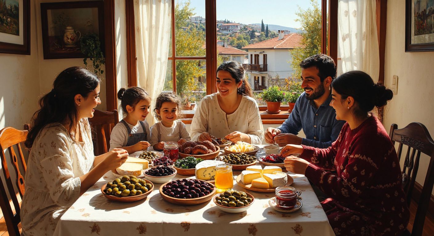 A sunny weekend morning in a cozy Turkish home, with a table spread of fresh simit, olives, cheeses, jams, and çay, surrounded by smiling family members in casual attire.