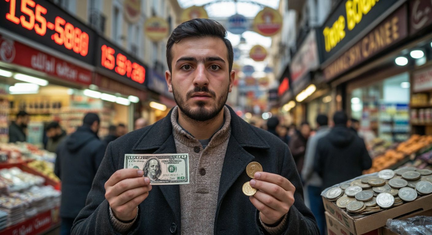 A puzzled Turkish man in a bustling Istanbul bazaar holds a 150 USD bill in one hand and 156 TL coins in the other, with a currency exchange board blurred in the background.