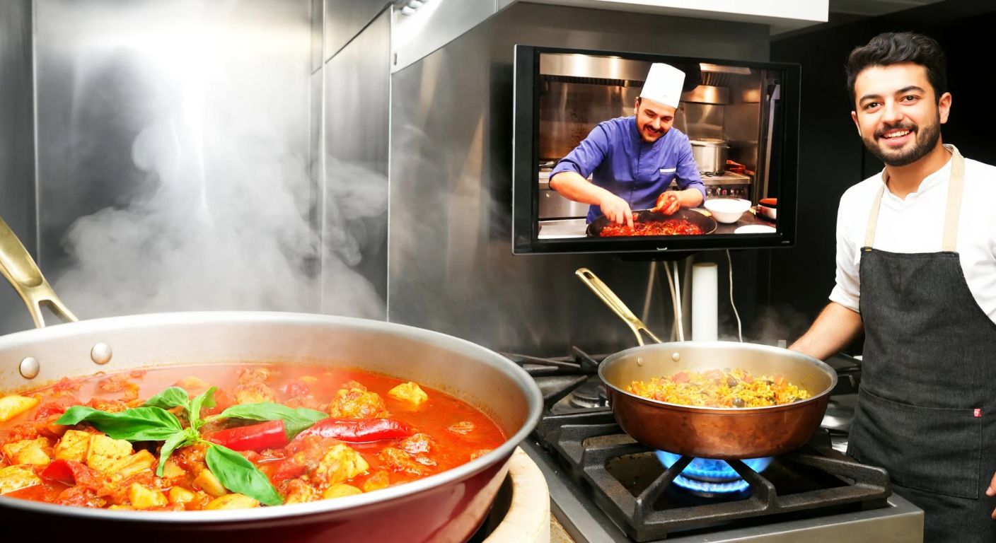 A vibrant Turkish kitchen scene with a steaming pot of traditional dish on a stove, a smiling chef in an apron stirring it, and a small TV in the background showing a cooking show with blurred visuals.