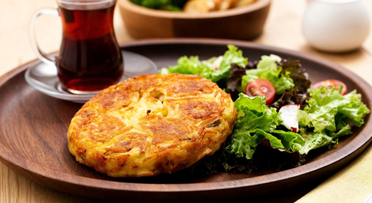A golden-brown potato rösti sits on a rustic wooden plate beside a fresh salad, with a steaming cup of Turkish tea in the background, evoking a balanced yet cautious approach to dieting.