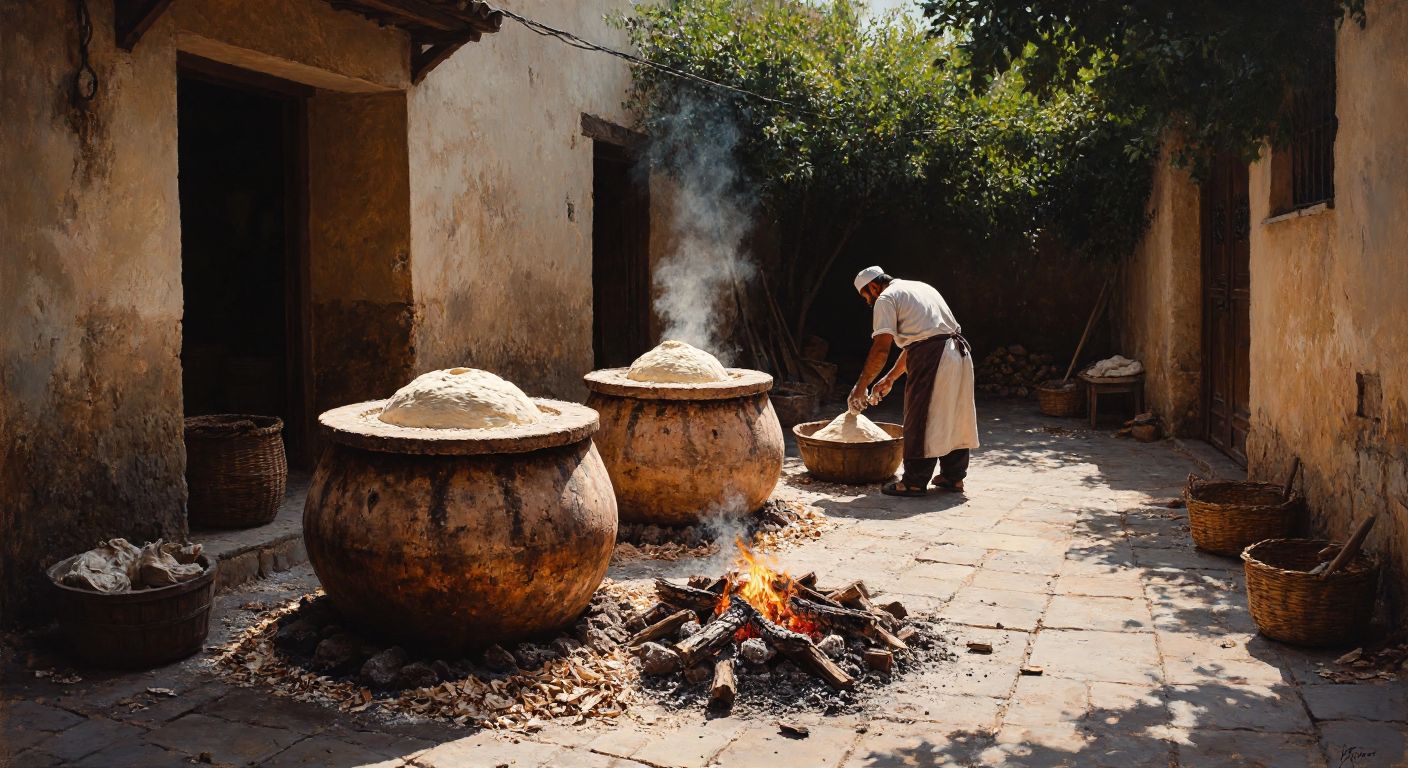 A weathered but sturdy clay tandoor oven sits in a sunlit courtyard, surrounded by scattered wood chips and warm embers, with a Turkish baker in traditional apron kneading dough nearby.