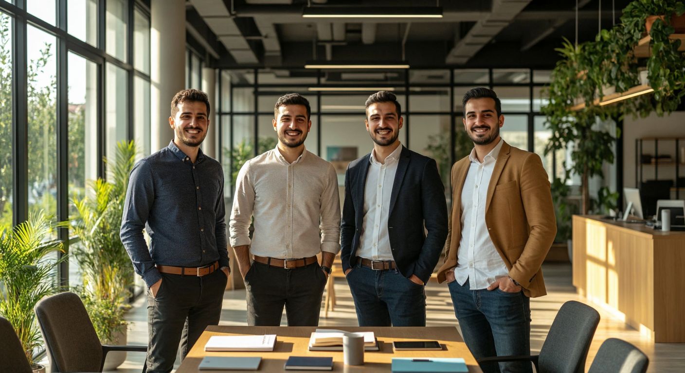 A group of three smiling men in casual business attire standing confidently in a modern Turkish office, surrounded by educational books and digital tablets, with warm sunlight streaming through large windows.