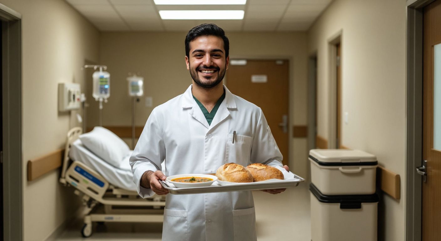 A smiling hospital waiter in a crisp white uniform carefully carries a tray of steaming Turkish lentil soup and fresh bread toward a patient's room, with a neatly arranged thermobox nearby.