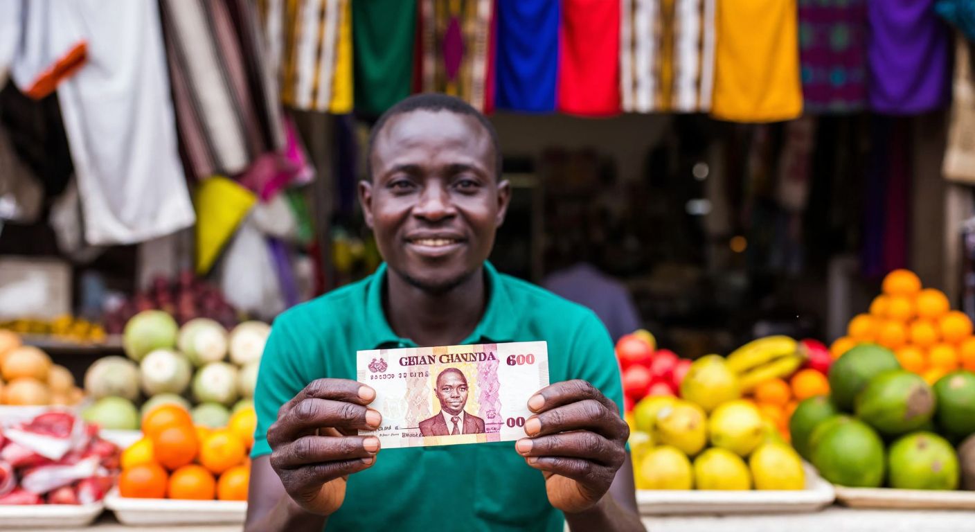 A proud Ghanaian merchant in a bustling market, holding up a colorful Ghanian cedi banknote with a backdrop of vibrant textiles and fresh tropical fruits.