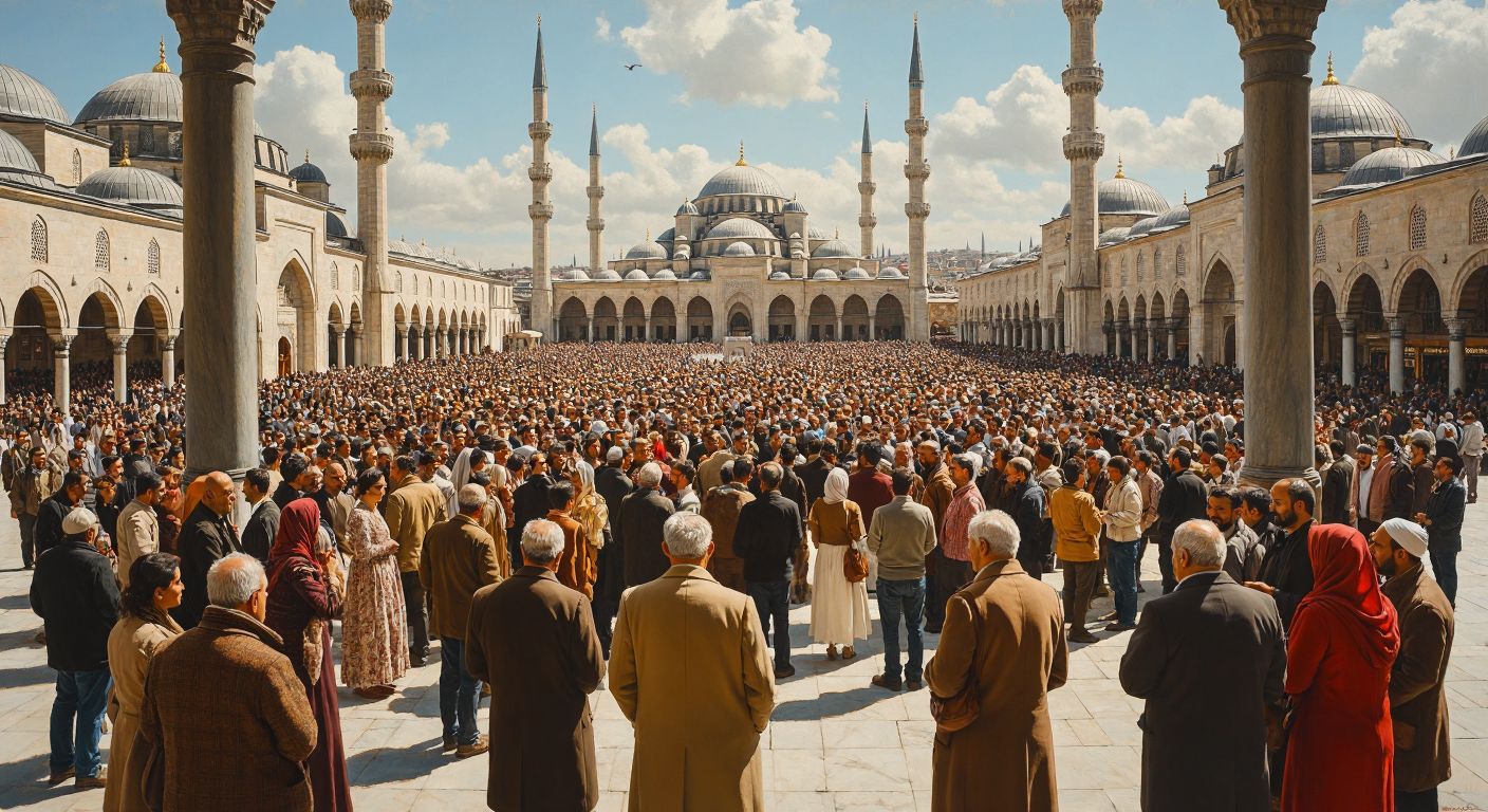 A vast, sunlit plaza in Turkey filled with a dense but orderly crowd of diverse people standing shoulder-to-shoulder, some chatting animatedly while others gaze at the horizon, framed by minarets and the scent of simit in the air.