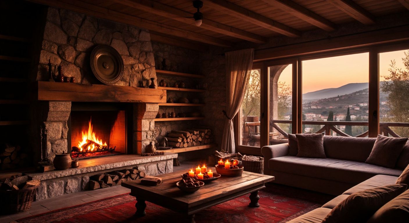 A cozy Turkish living room with a rustic stone fireplace, its interior lined with textured firebricks, glowing embers casting warm light on surrounding natural stone and wooden decor.