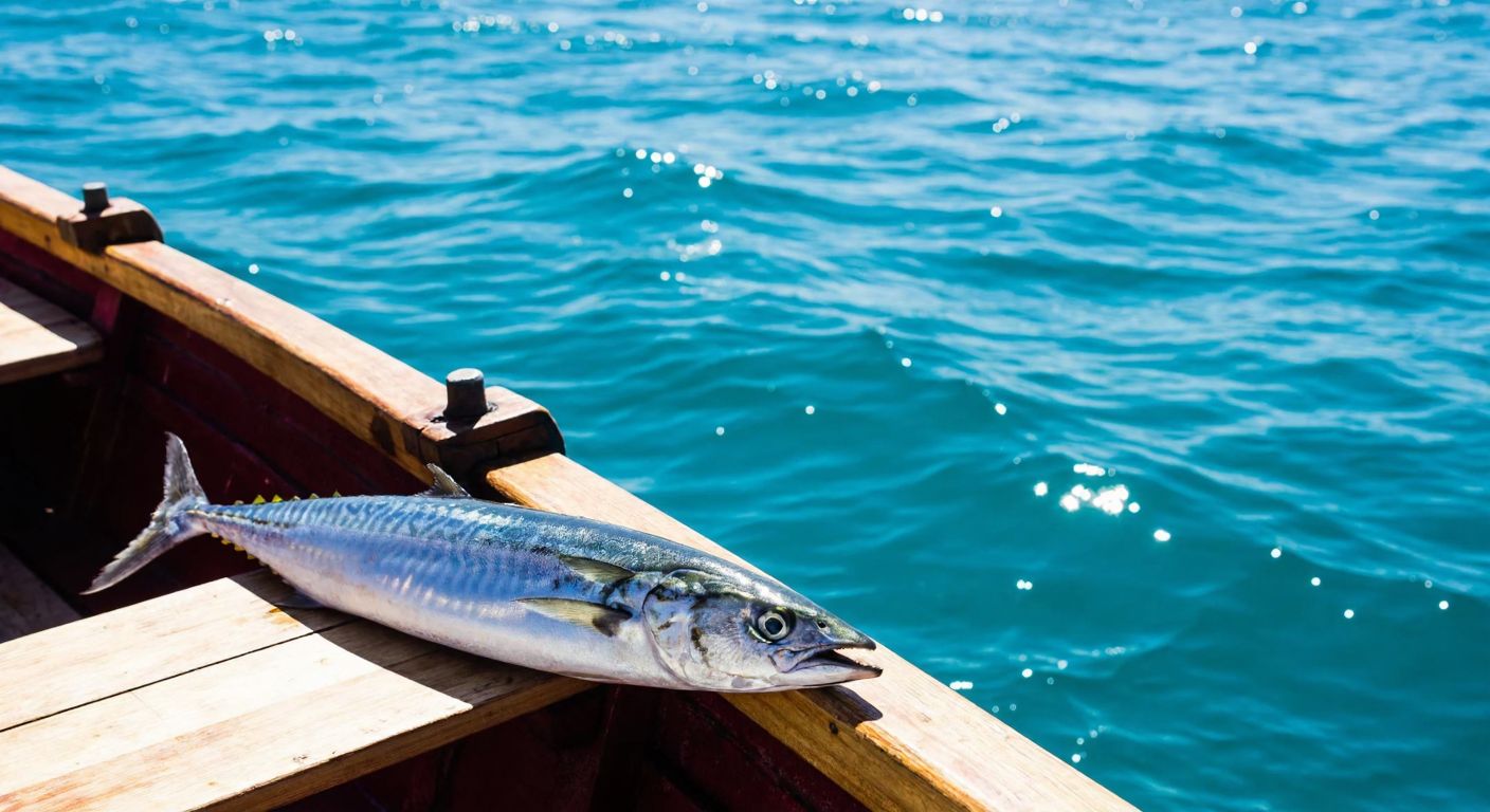 A freshly caught, glistening mackerel (uskumru) resting on a wooden fishing boat docked at a Turkish seaside, with a vibrant blue sea and sunlit waves in the background.