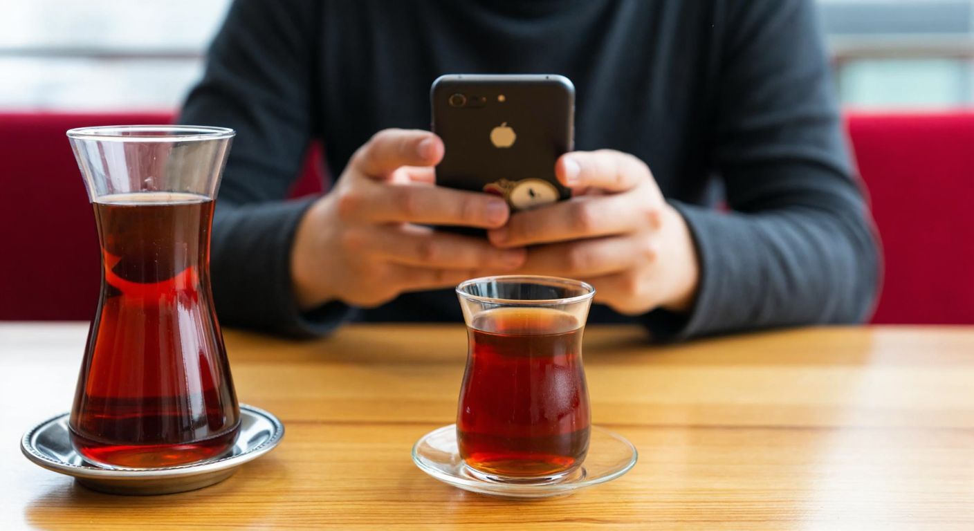 A person in Turkey holding a smartphone with a confused expression, standing near a traditional Turkish tea glass on a wooden table.