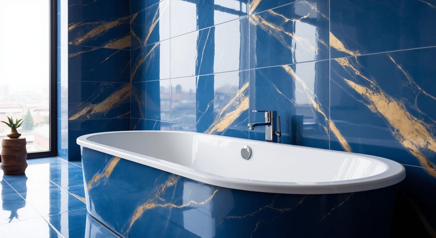 A sleek, glossy blue ceramic tile with golden veins, neatly arranged in a modern Turkish bathroom setting, reflecting natural light.
