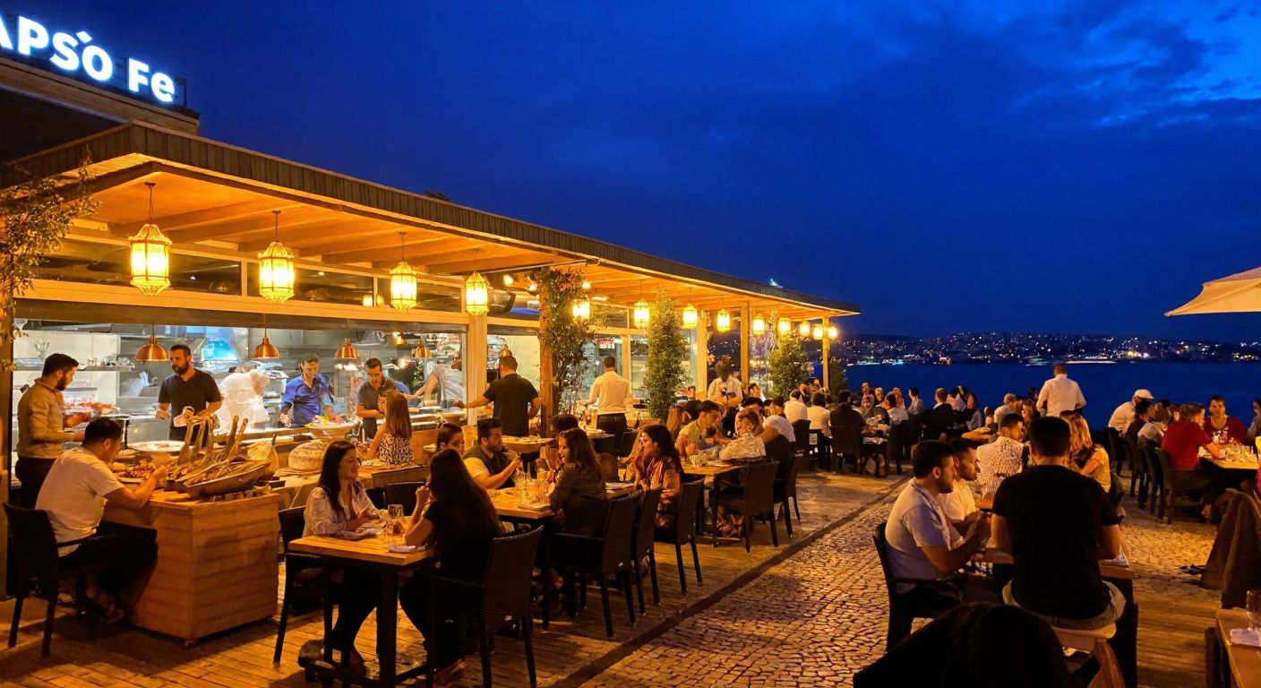 A lively nighttime scene at Calipso Fish in Maltepe, Istanbul, with a bustling outdoor terrace by the seaside, glowing lanterns, people enjoying fresh seafood, and the silhouette of the marriage bureau nearby.