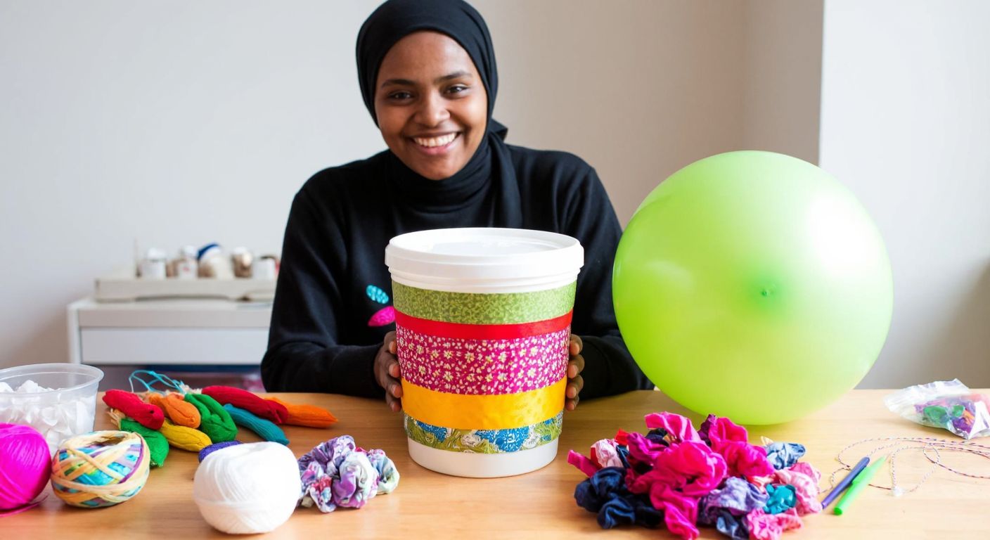 A colorful, repurposed yogurt container sits on a wooden table surrounded by craft materials like fabric scraps, yarn, and a stretched balloon, with a smiling woman in a headscarf holding a handmade drum made from the container.