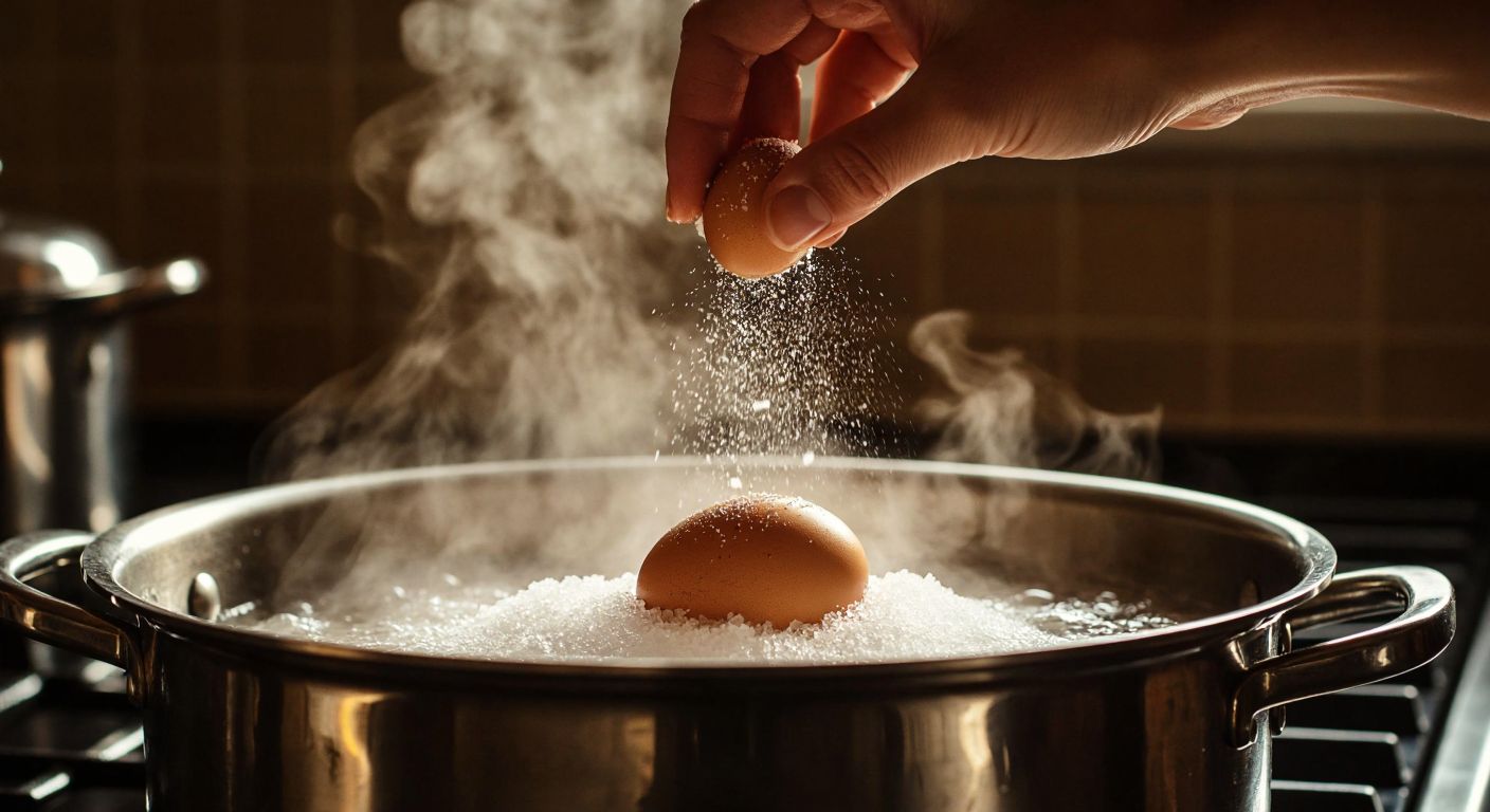A close-up of a bubbling pot of boiling water with a cracked eggshell floating among salt crystals, while a hand sprinkles more salt over it, set against a warm kitchen backdrop with steam rising.