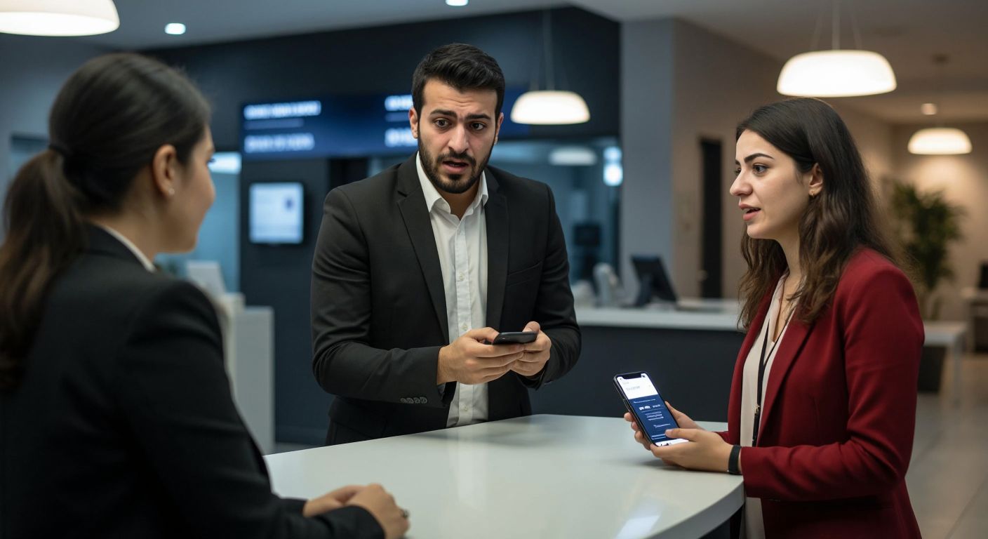 A frustrated Turkish customer in a modern bank branch, speaking with a patient bank employee at a counter, while holding a smartphone displaying a security alert.