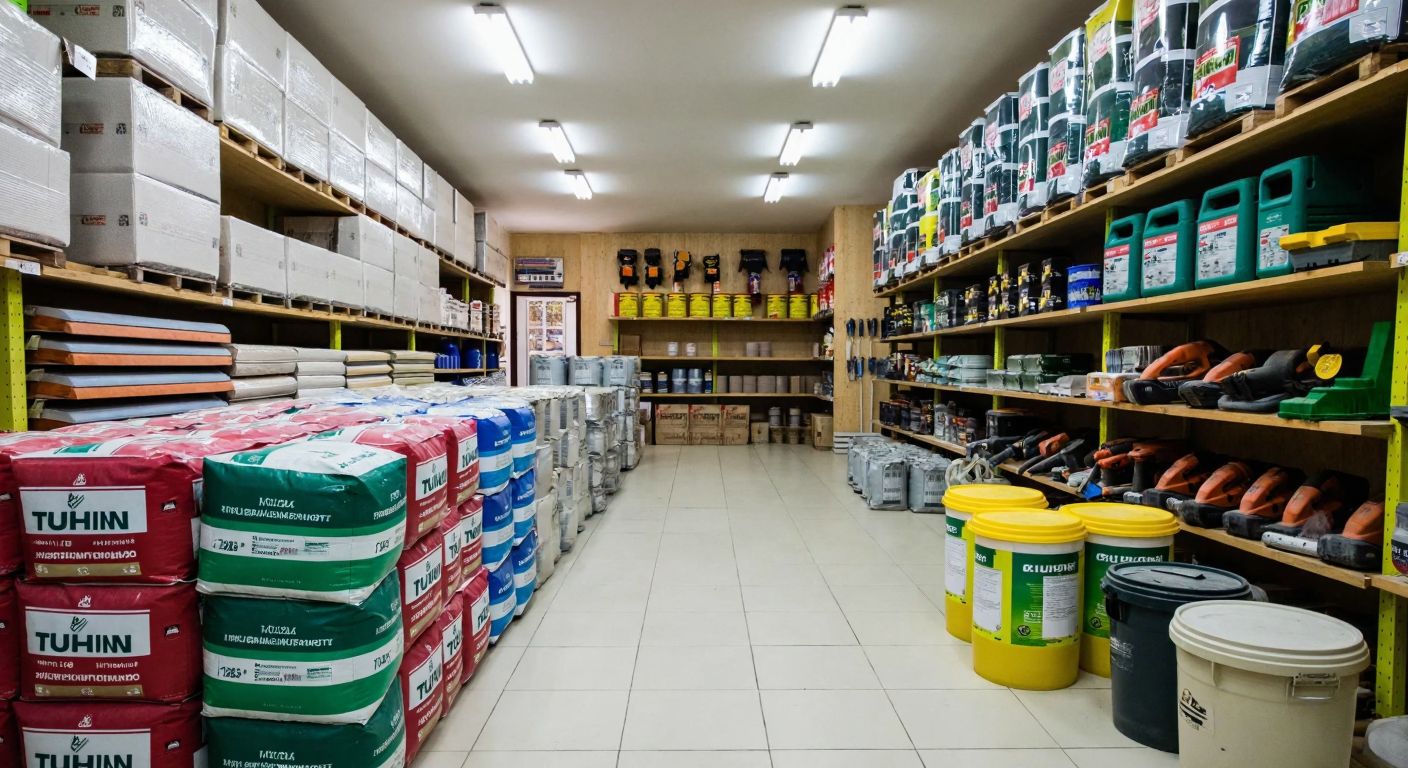 A bustling Turkish hardware store with neatly stacked bags of cement, colorful paint cans, rows of power tools, and shelves filled with ceramic tiles, garden equipment, and lighting fixtures under bright fluorescent lights.