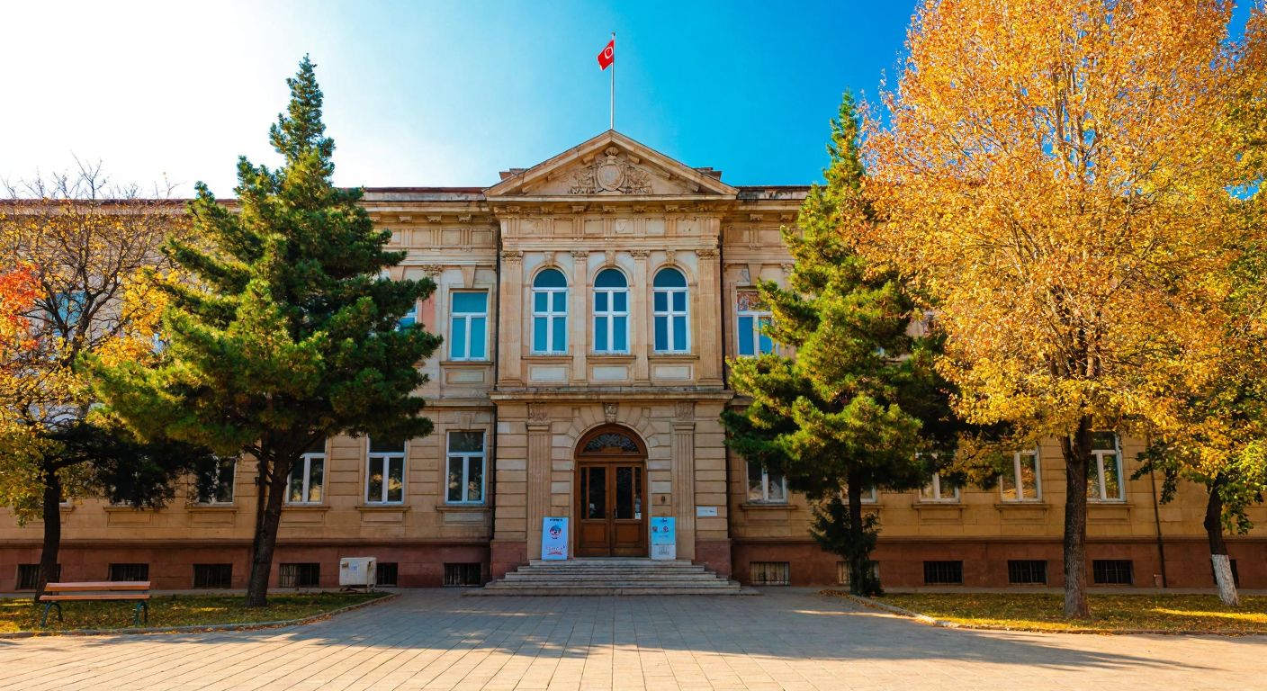 A historic school building in Kdz. Ereğli with a grand entrance, framed by autumn trees under a bright blue sky, symbolizing its founding in October 1967.